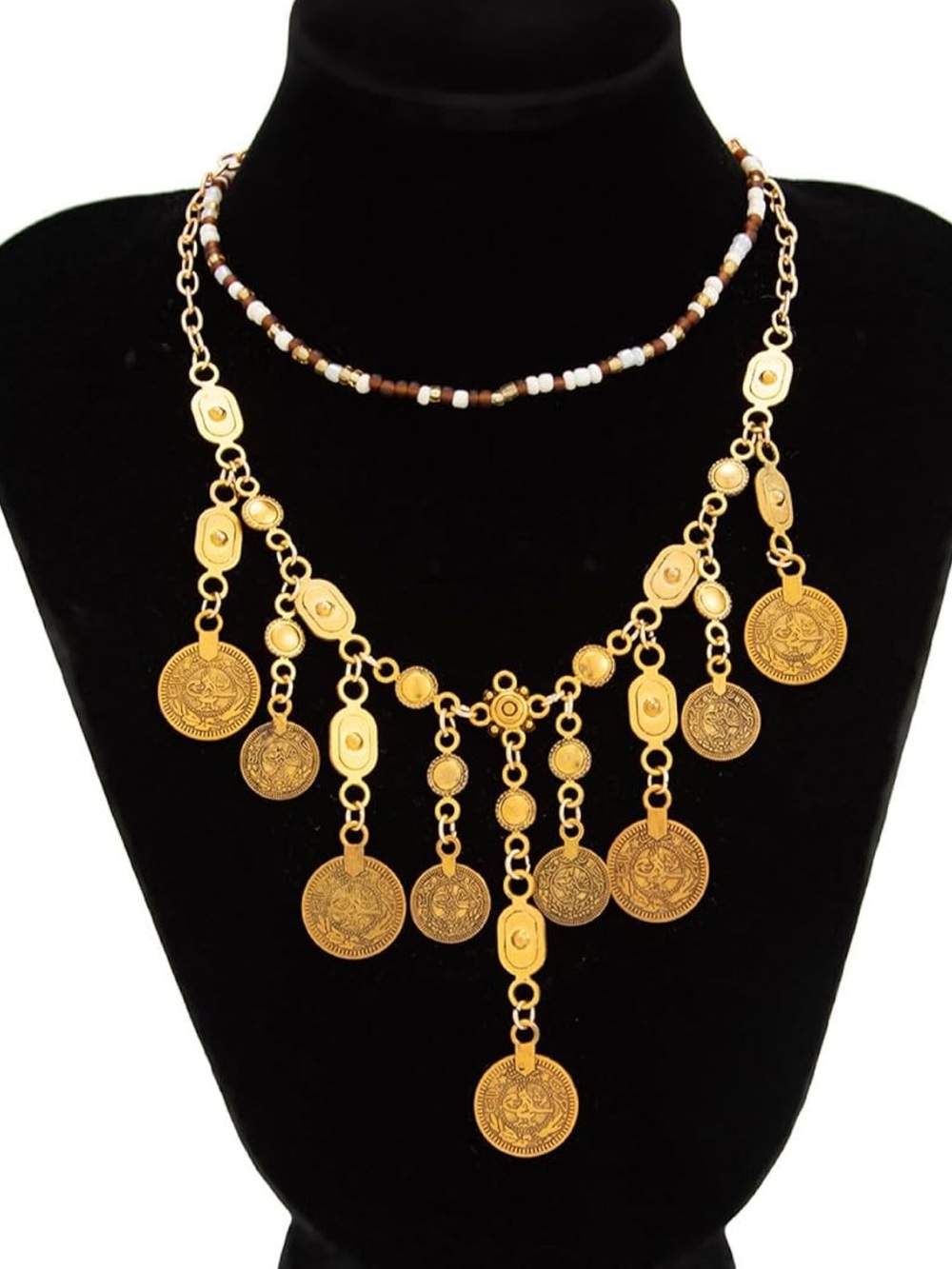 Anthropologie Gold Coin Fringe Layered Necklace with Beaded Choker - Picture 6 of 9